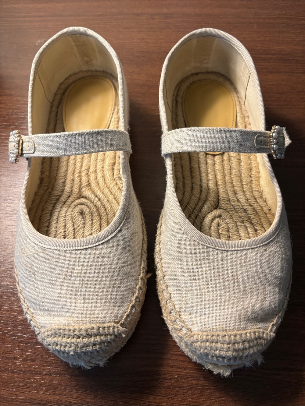 J. Crew Linen Espadrille Mary Jane Flats Jeweled Buckle Beige 7.5